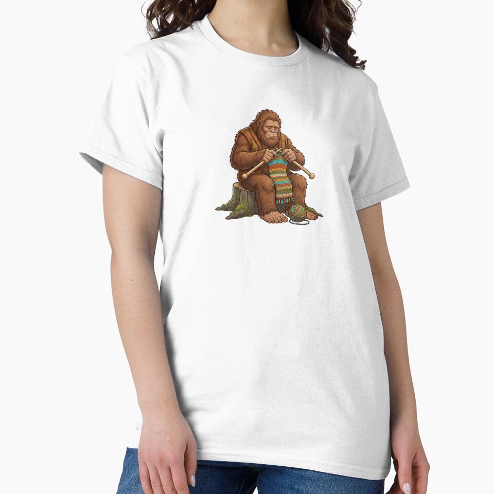 Whimsical Bigfoot Knitting a Colorful Scarf Sitting on a Tree Stump by Kvarny