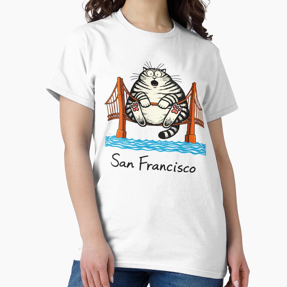 San Francisco Cat Shirt – Funny Chubby Fat Cat on Golden Gate Bridge Cute Cartoon Tee by RediscoverJoy