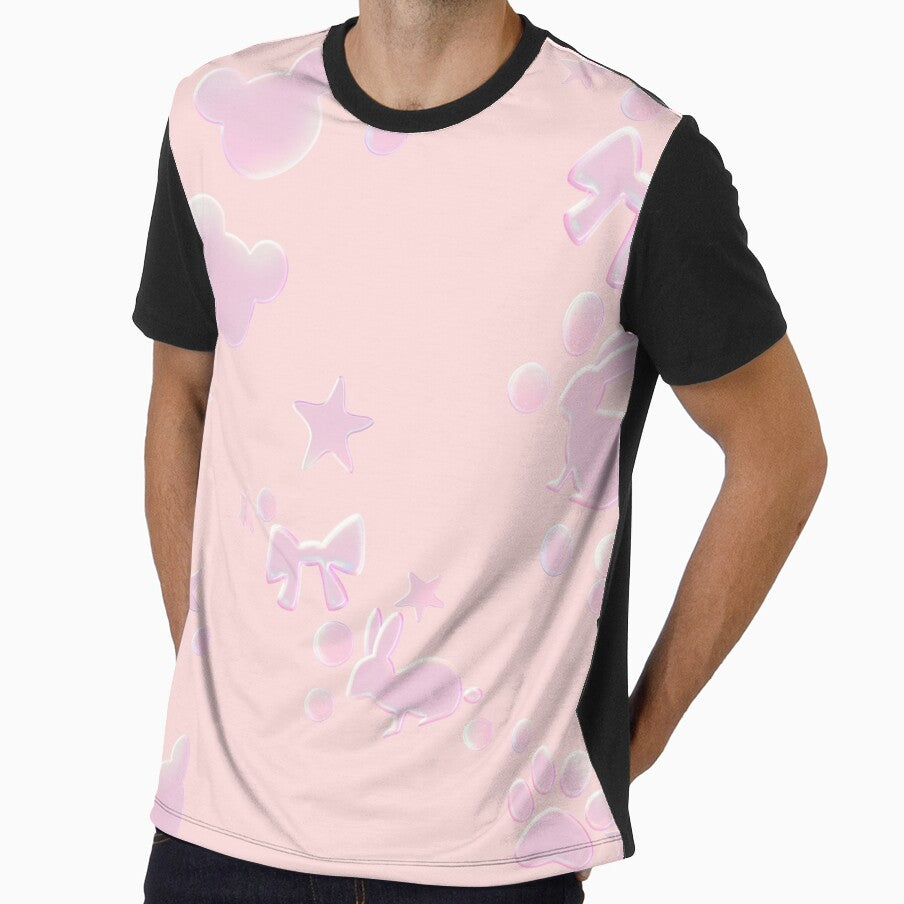 Soft Pastel Pink Rabbit | Star and Heart All Over Print by Rawafi Art Studio