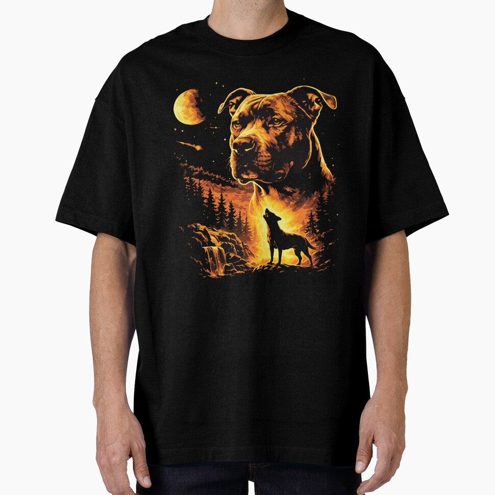 Pitbull Howling at the Moon Vintage 90s Forest Retro Dog Lover by kiralynstration