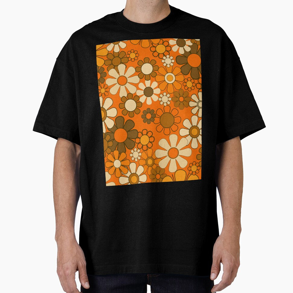 70s Retro Floral Pattern Groovy Garden Flowers in Orange and Brown by kierkegaard