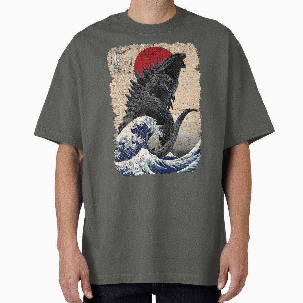 Godzilla Surfing The Great Wave by Hokusai Funny Parody by Robert Diebold