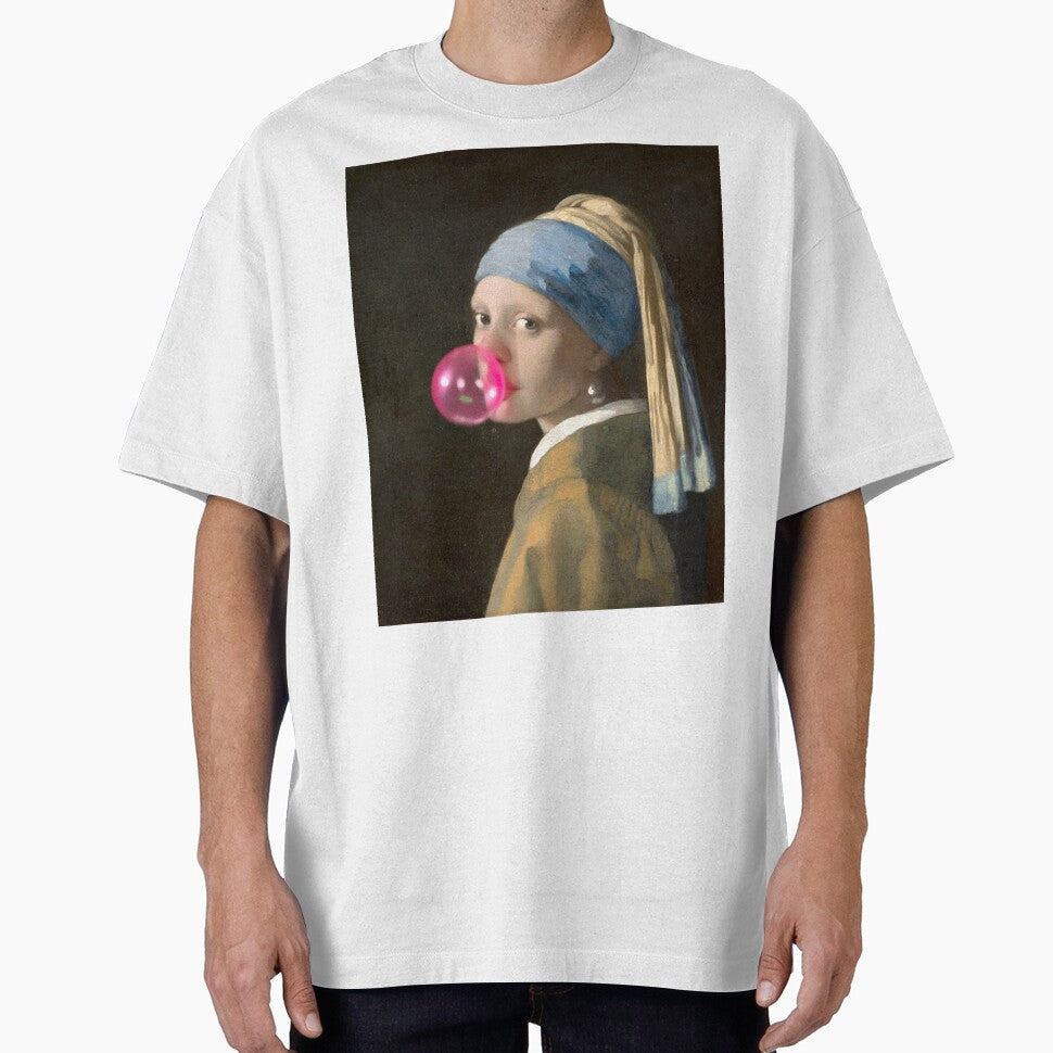 Girl with pearl earring blowing a  pink balloon by Photopat