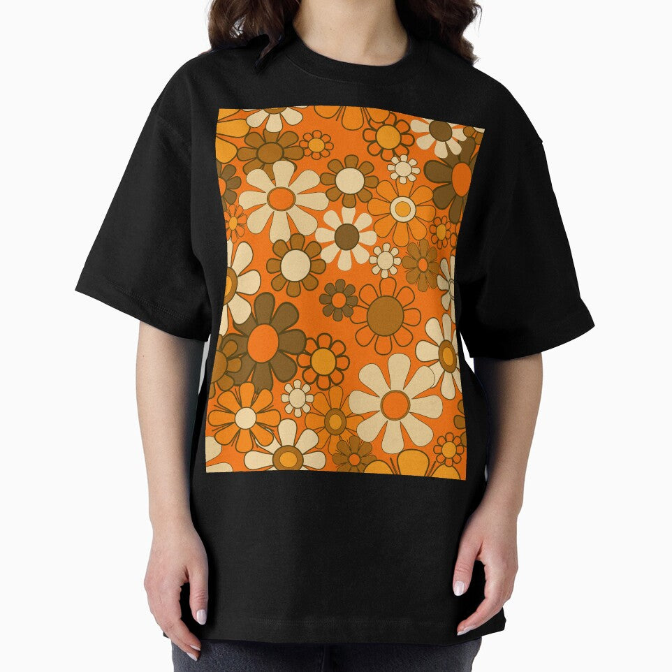 70s Retro Floral Pattern Groovy Garden Flowers in Orange and Brown by kierkegaard