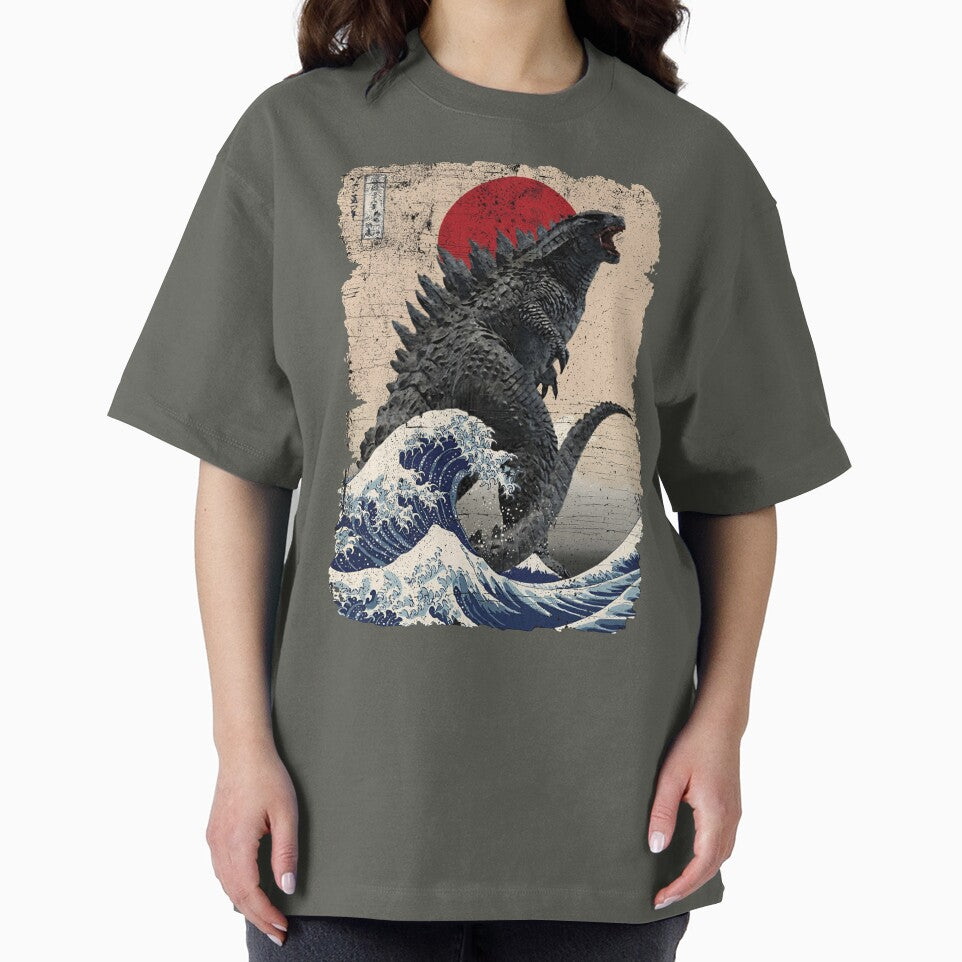 Godzilla Surfing The Great Wave by Hokusai Funny Parody by Robert Diebold