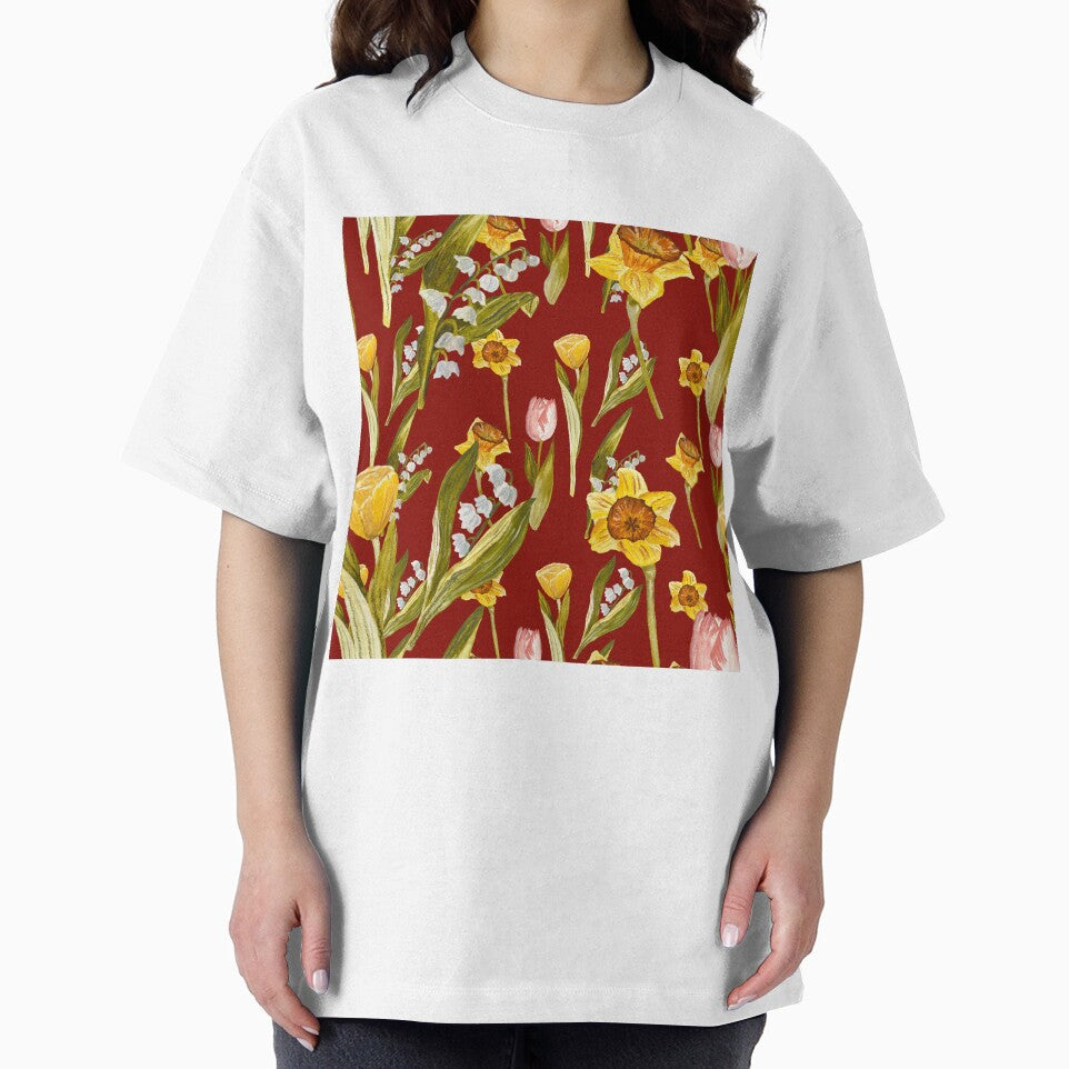 Daffodil tulip snowdrop Easter an ornate pattern red by Yana Mustafina | Boho Soulful Designs