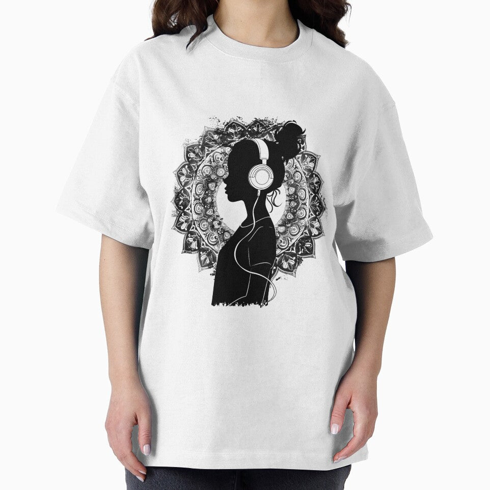 Mandala Music Girl Silhouette – Headphones Zen Boho Line Art by inkoutninja