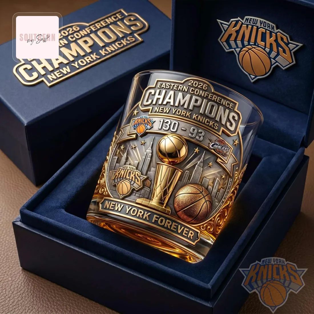 New York Knicks 2026 Eastern Conference Champions Commemorative Luxury Gold Embossed Whiskey Glass