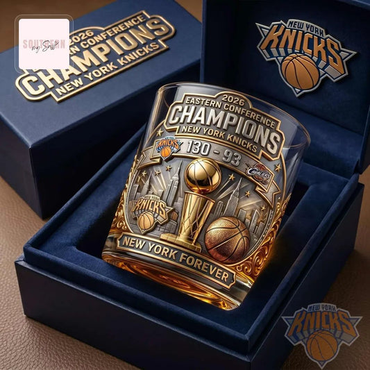 New York Knicks 2026 Eastern Conference Champions Commemorative Luxury Gold Embossed Whiskey Glass