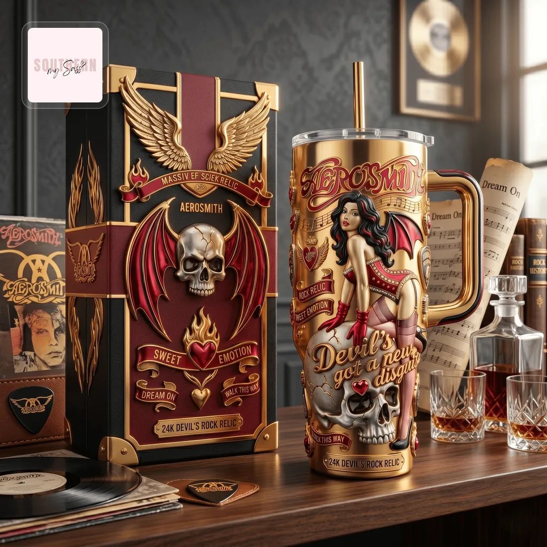Aerosmith “Devil’s Got a New Disguise” Luxury 30oz Gold Embossed Tumbler