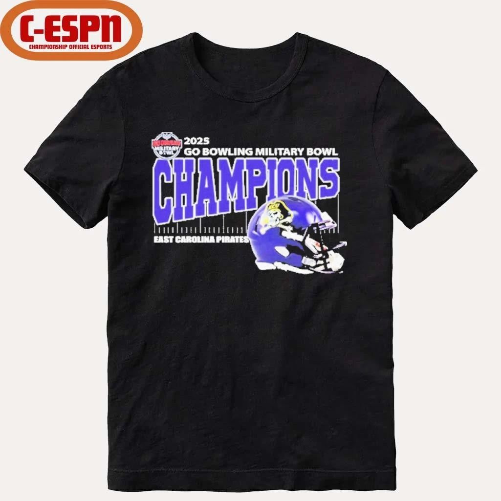 East Carolina Pirates Football 2025 Go Bowling Military Bowl Champions Helmet Shirt