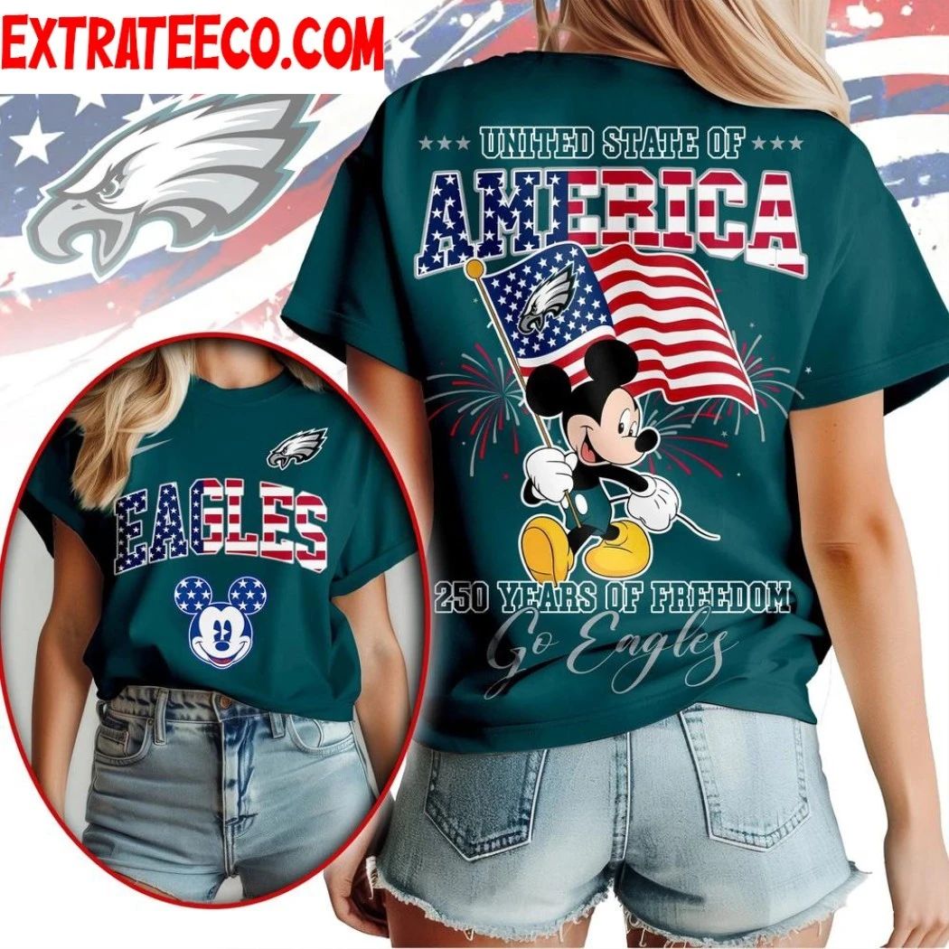 Philadelphia Eagles NFL Mickey America Flag Freedom 250 Years Logo Two Sided Shirt