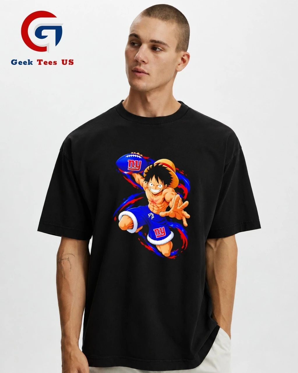 Monkey D. Luffy throwing New York Giants Football Anime cartoon T-shirt