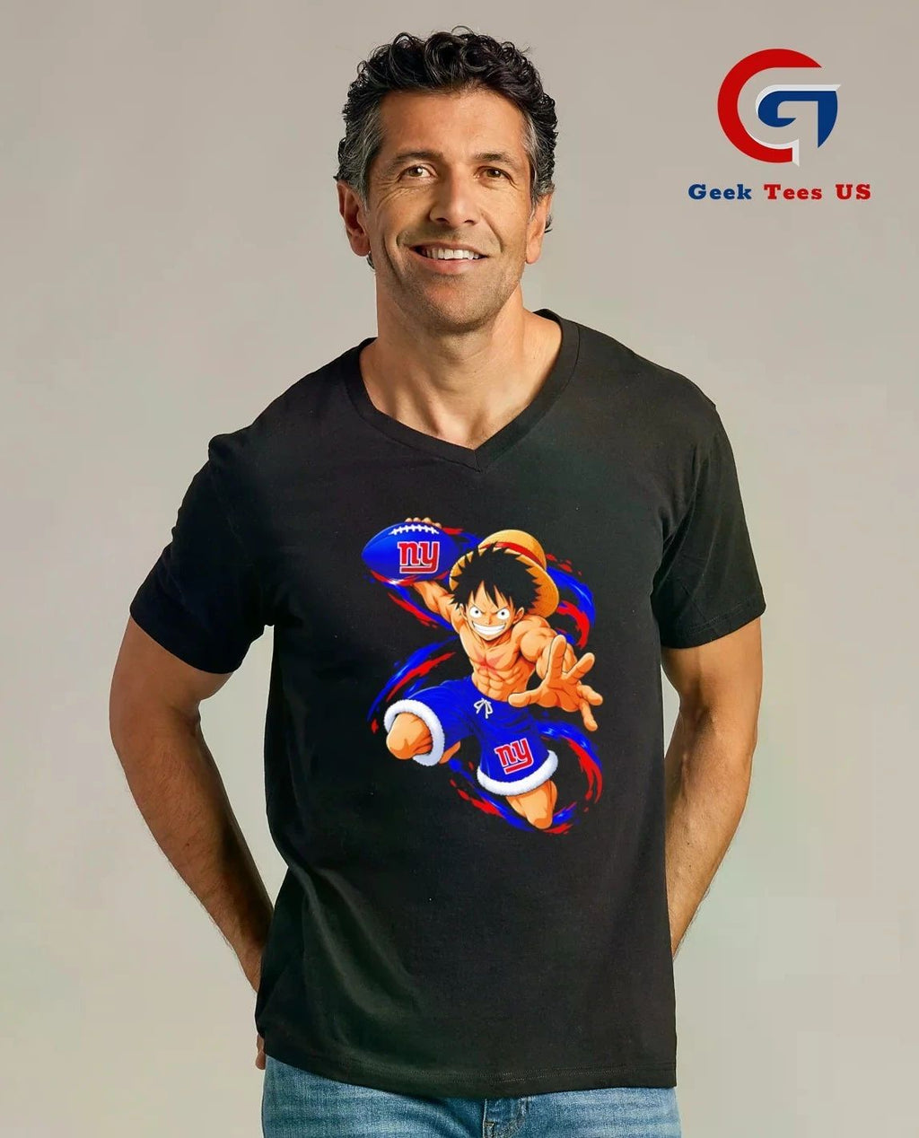 Monkey D. Luffy throwing New York Giants Football Anime cartoon T-shirt