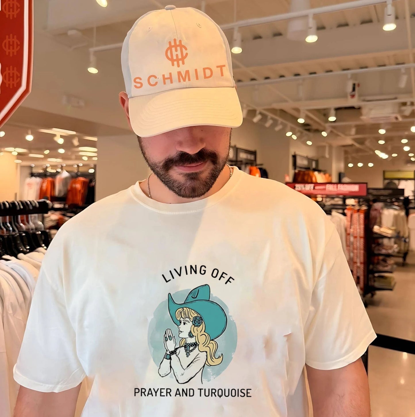 Living off prayer and turquoise lady illustration shirt