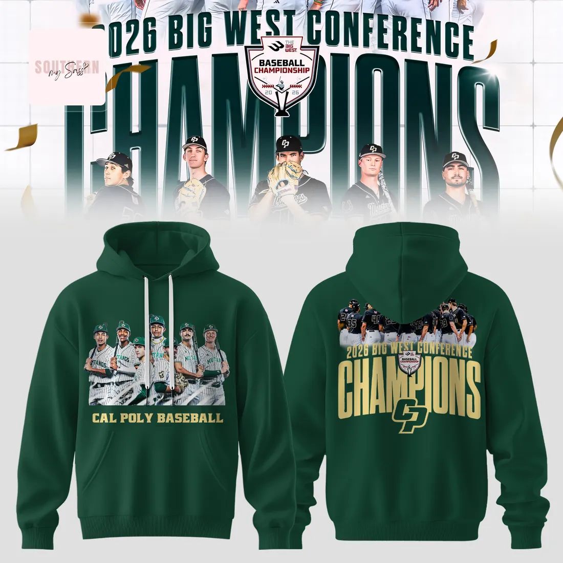 Cal Poly Mustangs Baseball 2026 Big West Conference Champions Commemorative Green Graphic Pullover Hoodie