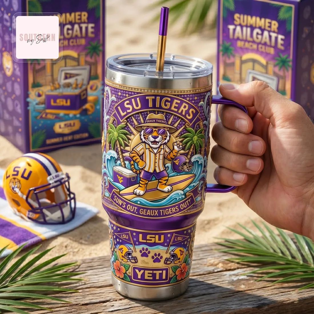 LSU Tigers Summer Tailgate Beach Club Purple and Gold Insulated 40oz Tumbler with Handle