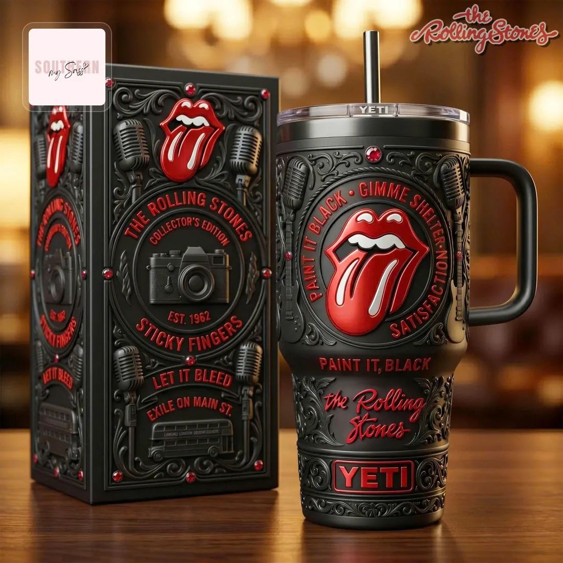 The Rolling Stones Collector’s Edition 3D Embossed Matte Black Insulated Handle Tumbler