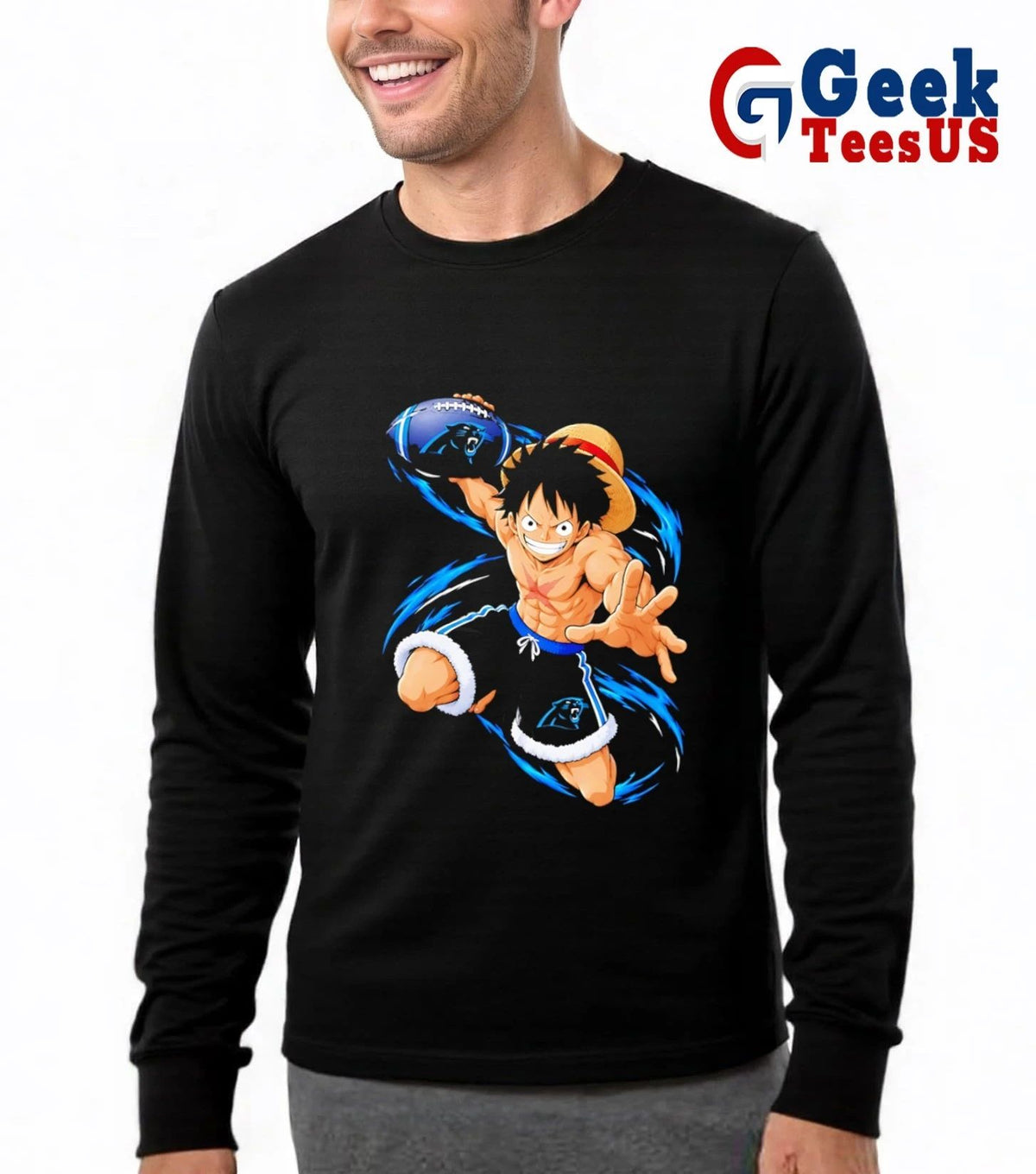 Monkey D. Luffy throwing Carolina Panthers Football Anime cartoon T-shirt