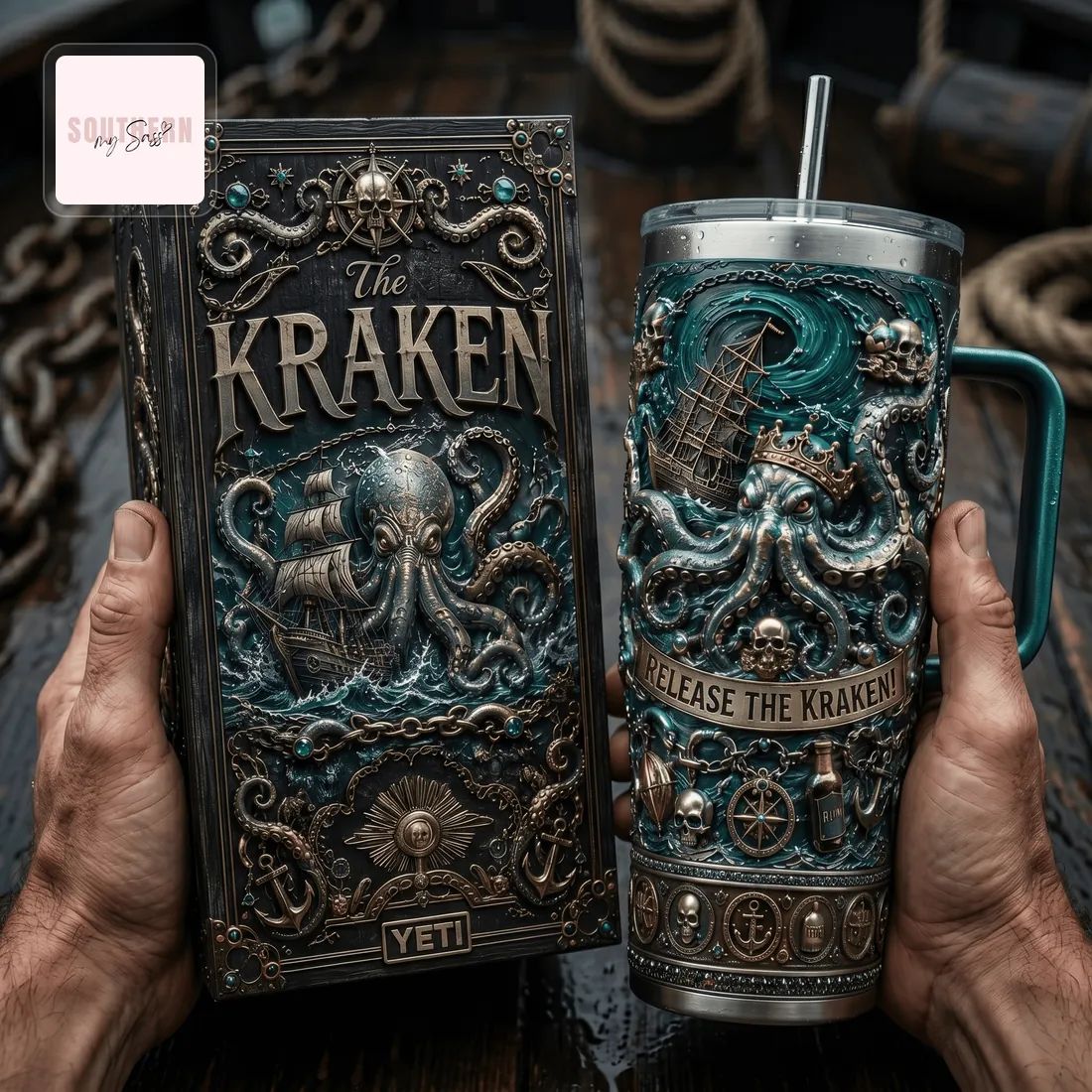 Premium Kraken Octopus 3D Embossed 40oz Insulated Tumbler With Handle