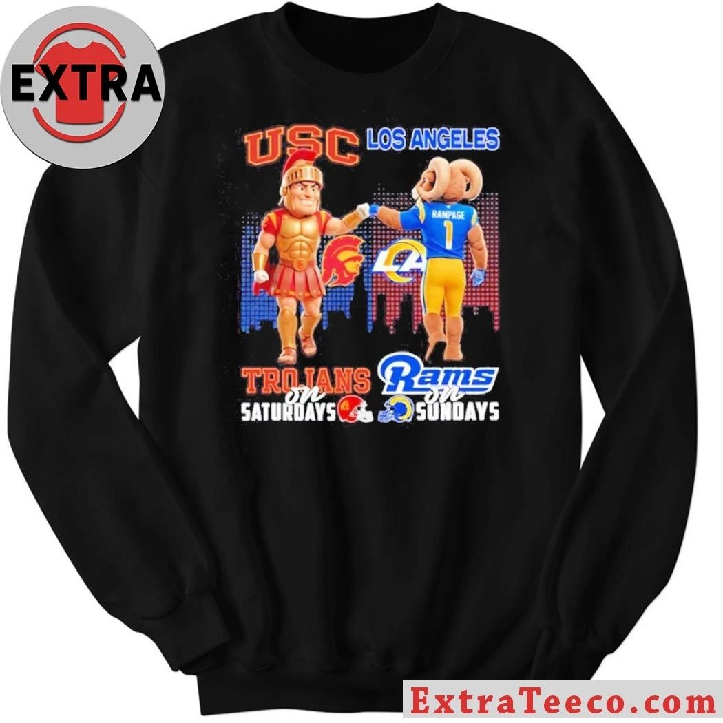 Usc Trojans on Saturdays vs Los Angeles Rams on Sundays Mascots Trojan Warrior and Rampage the Ram T-Shirt