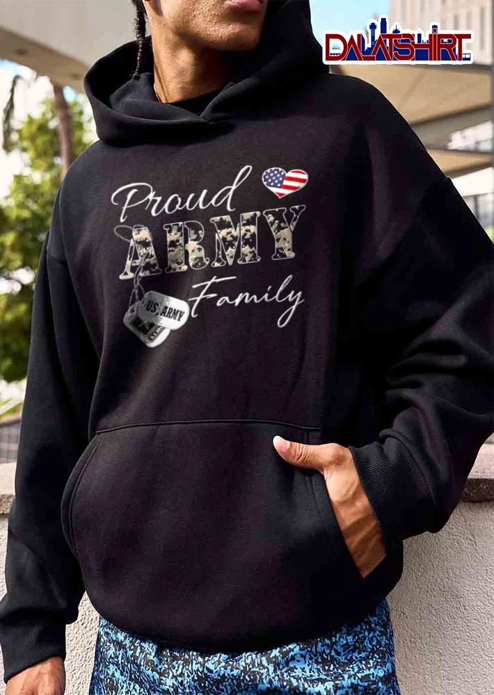 US Army Proud Family camouflage text American flag heart dog tags shirt