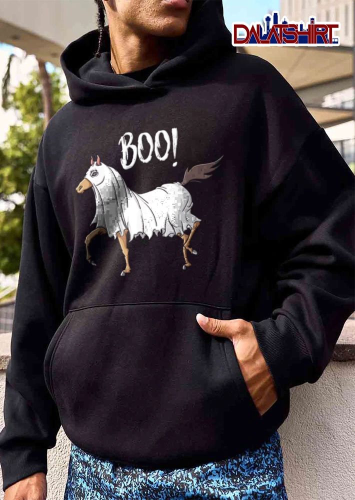 BOO horse wearing ghost sheet costume shirt