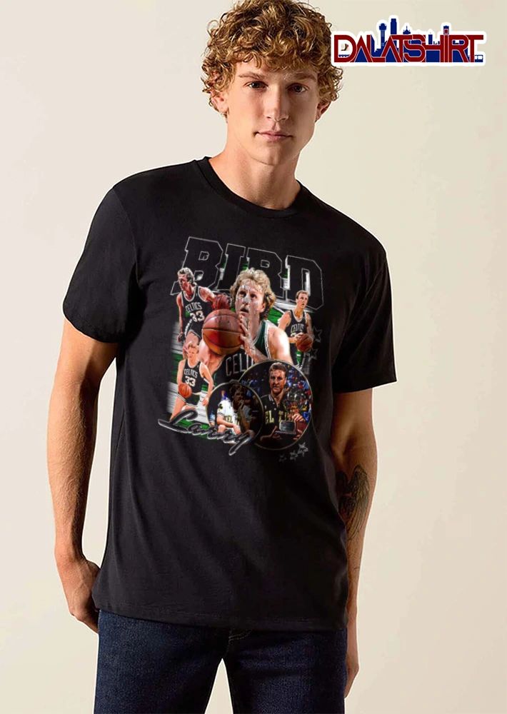 Boston Celtics Larry Bird basketball collage trophy shirt