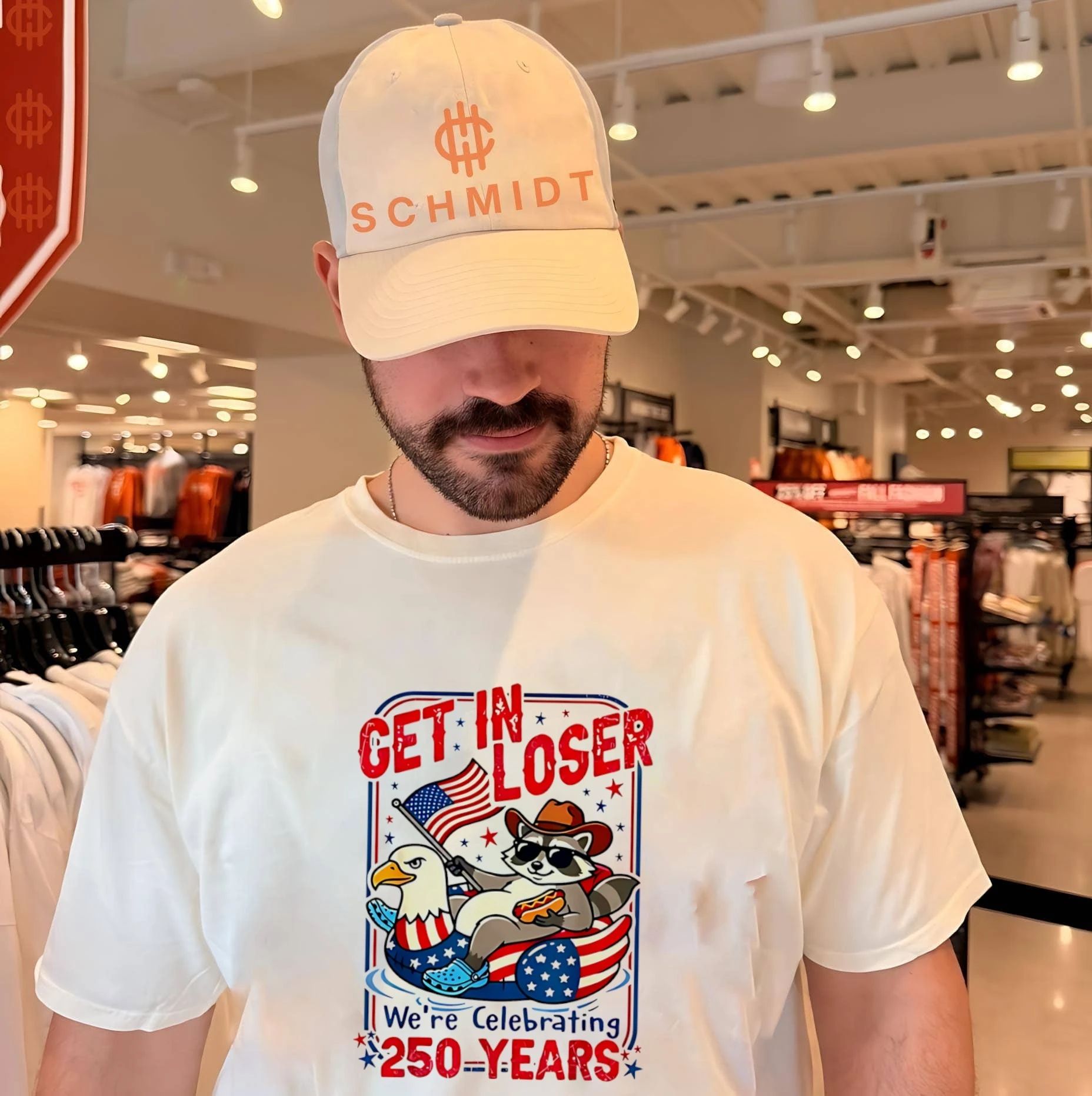 Get in loser we’re celebrating 250 years cartoon racoon shirt