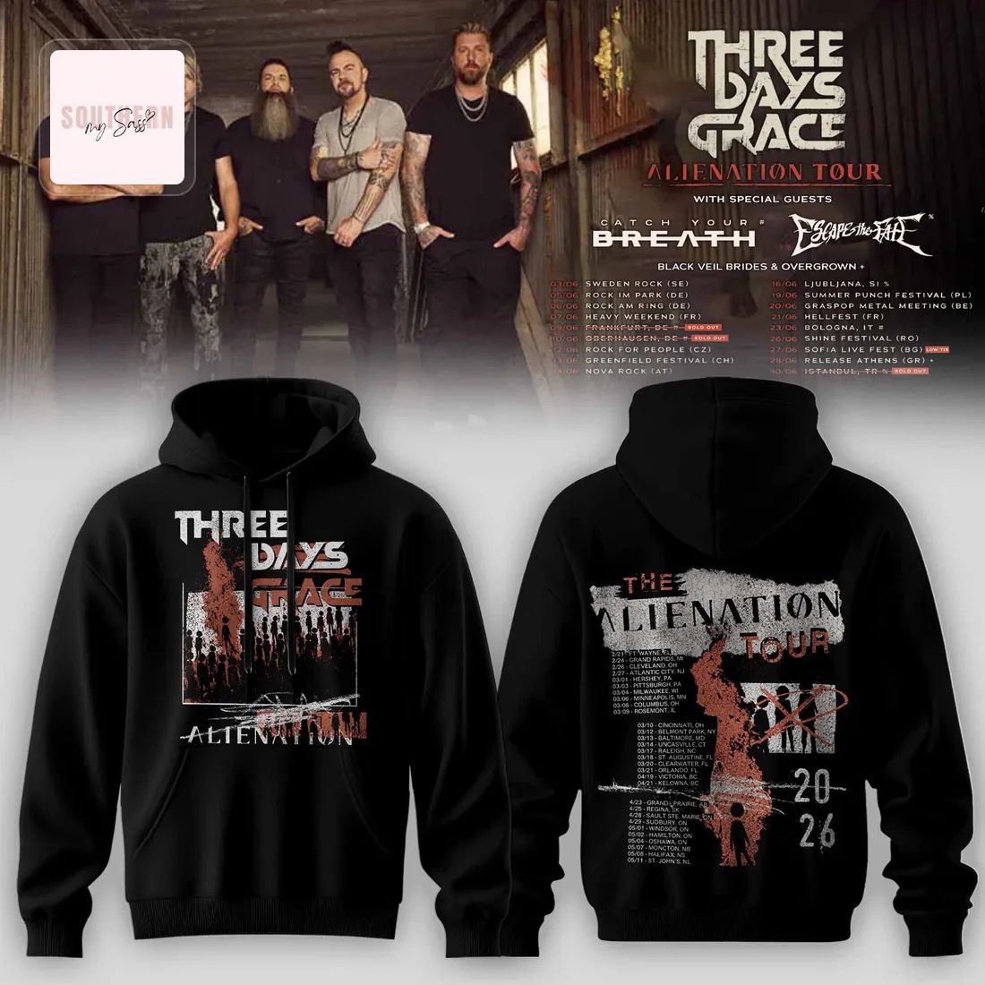 Three Days Grace Alienation Tour 2026 Official Concert Graphic Pullover Hoodie