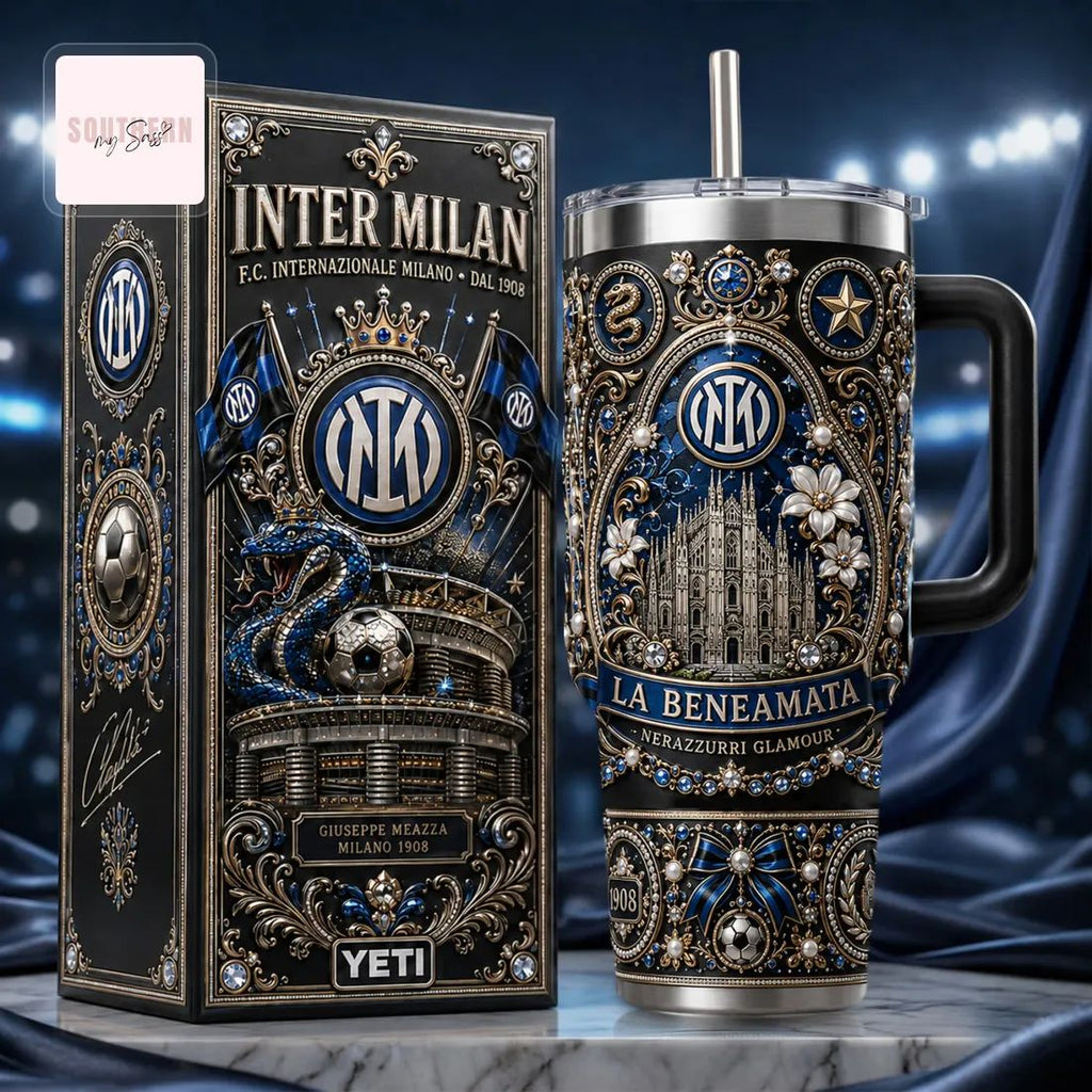 Inter Milan Football Club Luxury Ornate 40oz Insulated Travel Tumbler With Handle