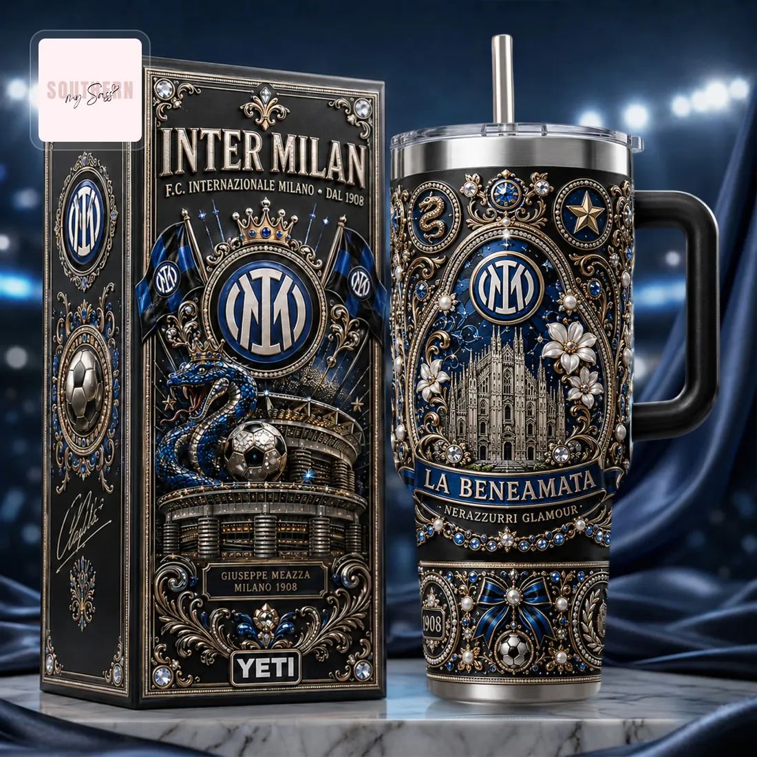 Inter Milan Football Club Luxury Ornate 40oz Insulated Travel Tumbler With Handle
