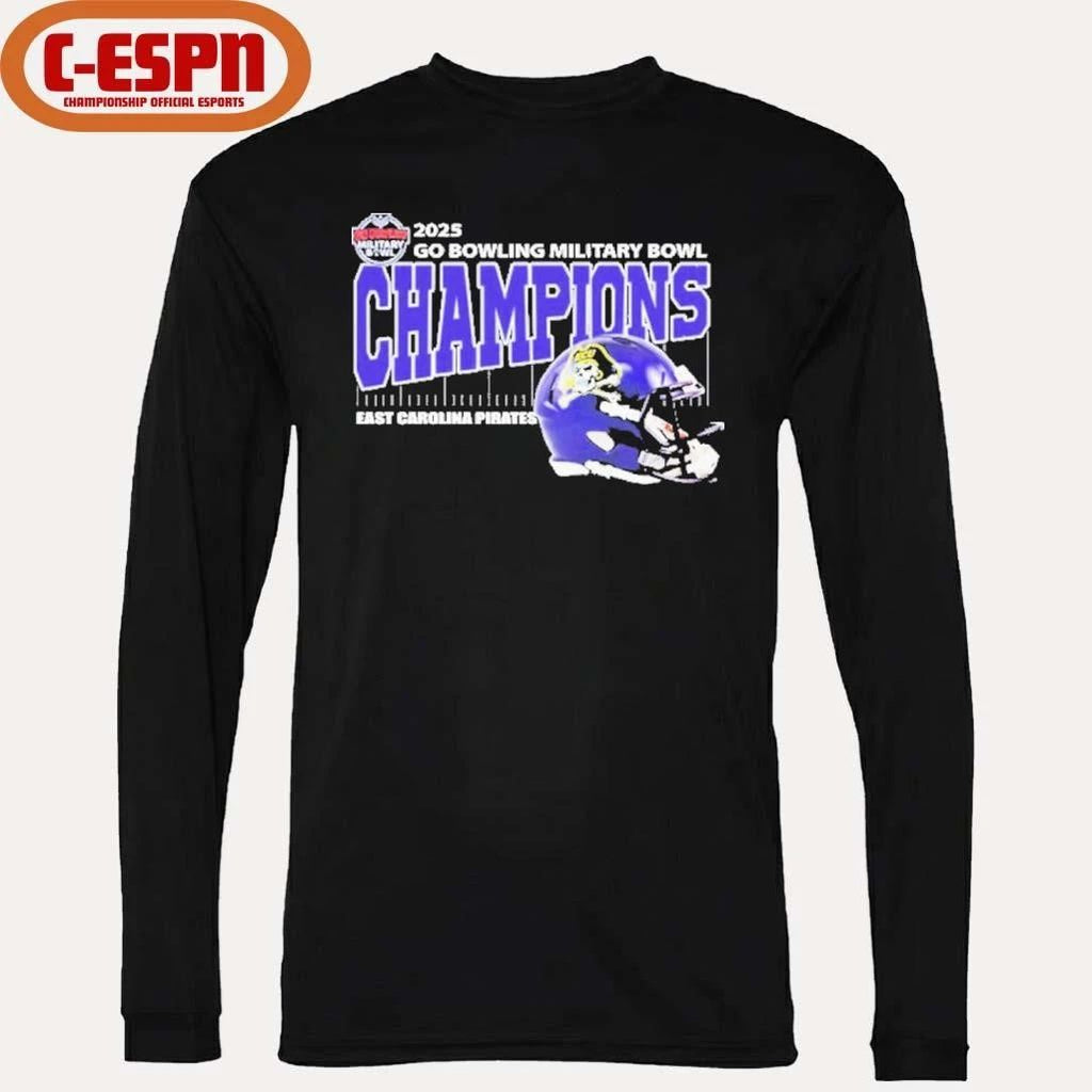 East Carolina Pirates Football 2025 Go Bowling Military Bowl Champions Helmet Shirt