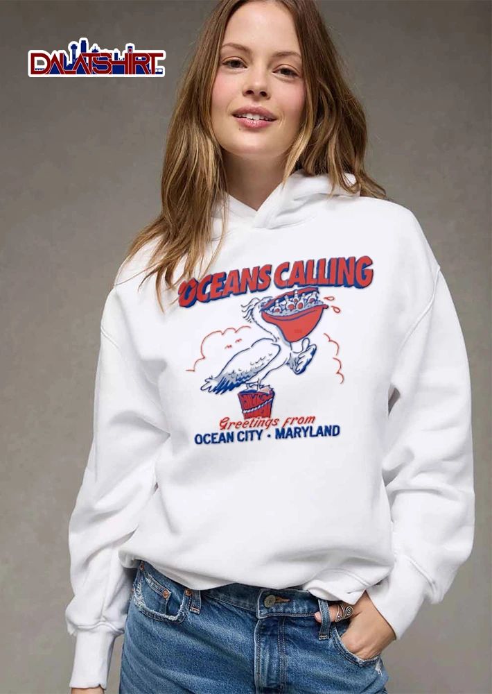 Oceans Calling Greetings From Ocean City Maryland pelican holding beer bottles pouch shirt