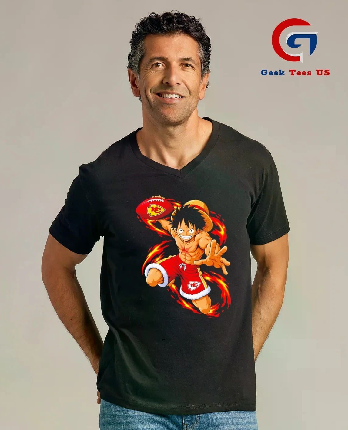 Monkey D. Luffy throwing Kansas City Chiefs Football Anime cartoon T-shirt