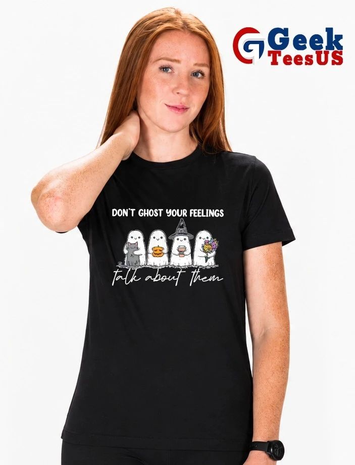 Ghosts Cat Pumpkin Coffee Flowers Don’t Ghost Your Feelings Talk about Them Halloween shirt