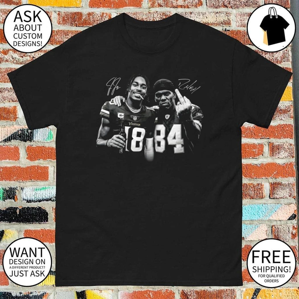 Justin Jefferson and Randy Moss flipping Minnesota Vikings shirt