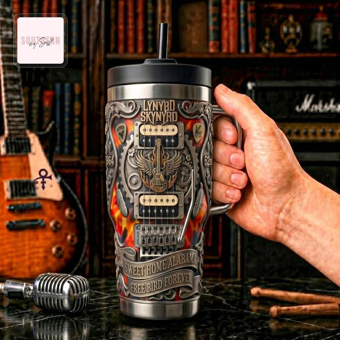 Lynyrd Skynyrd Sweet Home Alabama Custom 3D Embossed Stainless Steel Insulated Handle Tumbler
