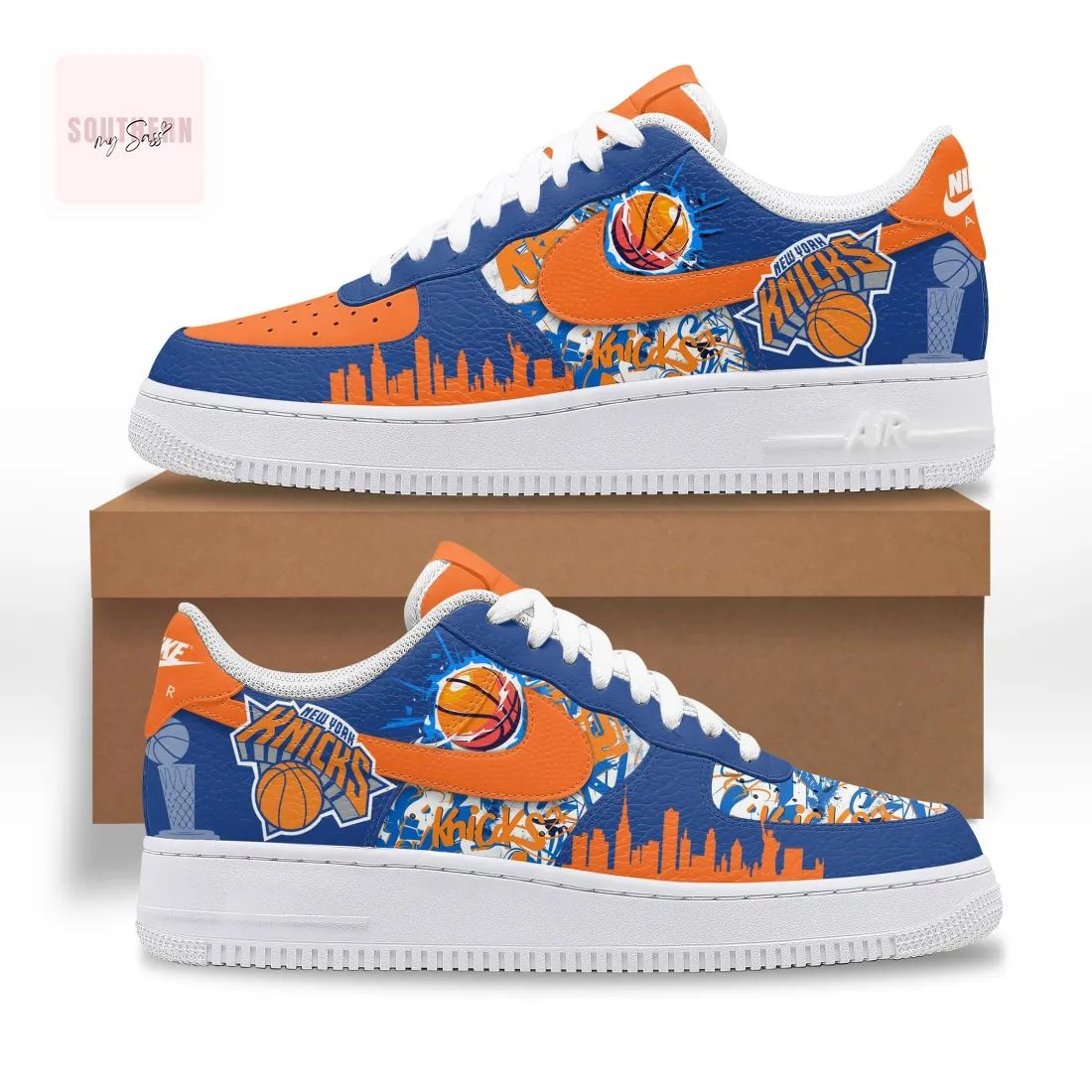 New York Knicks Custom Blue and Orange Basketball Fan Air Force 1 Sneakers