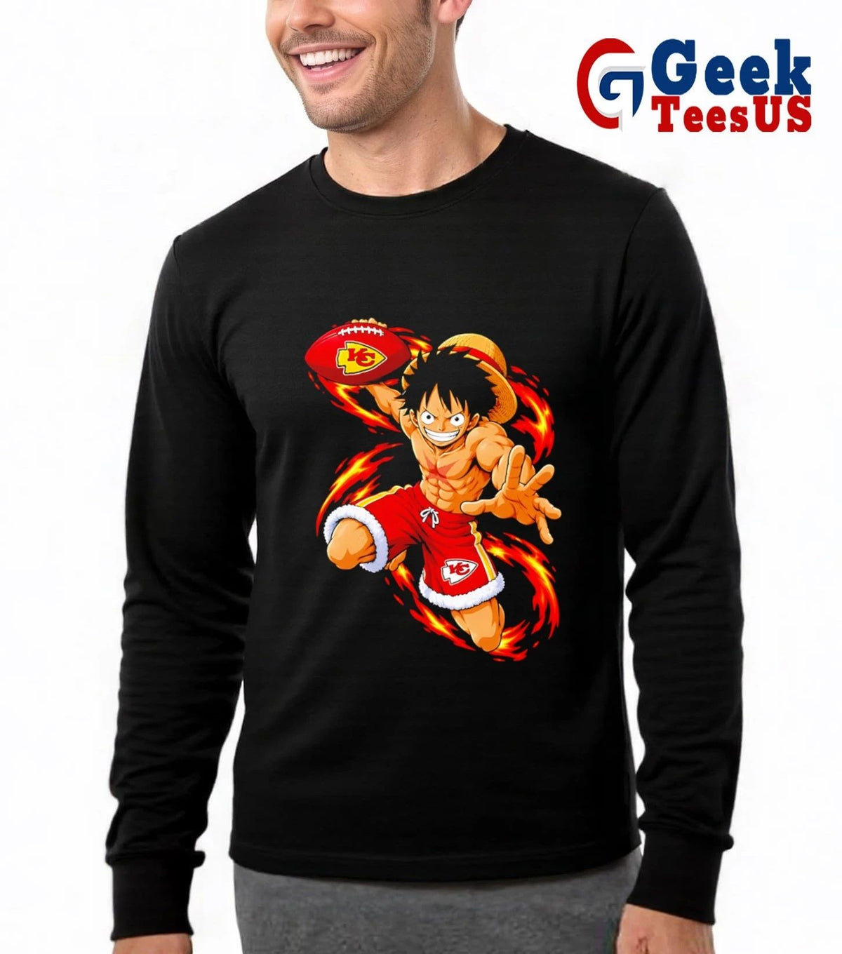 Monkey D. Luffy throwing Kansas City Chiefs Football Anime cartoon T-shirt