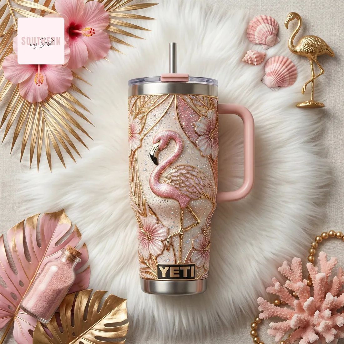 YETI Flamingo 40oz Insulated Glitter Tumbler with Handle