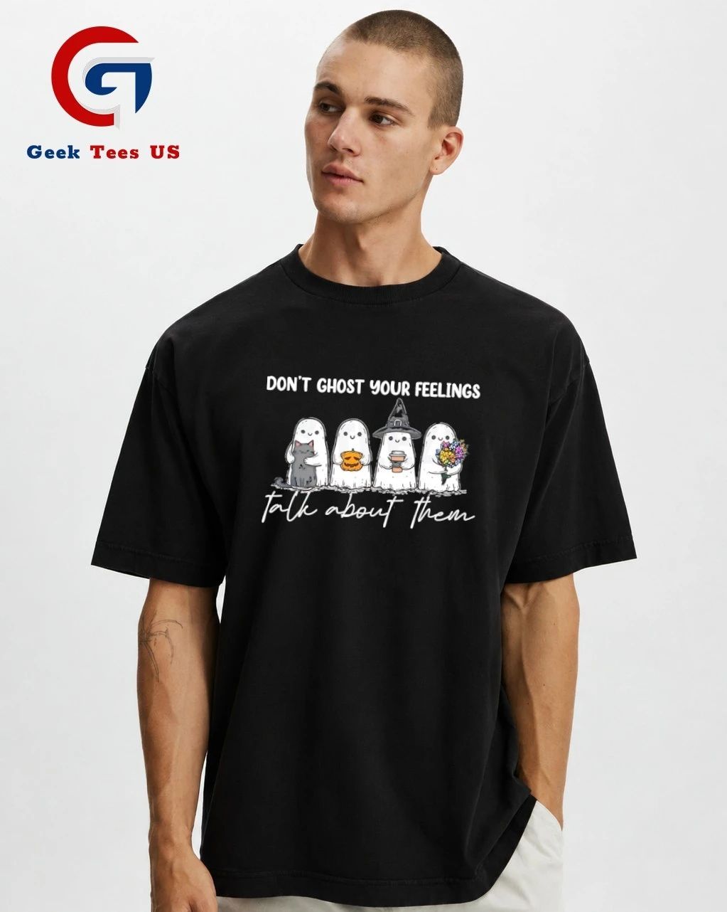 Ghosts Cat Pumpkin Coffee Flowers Don’t Ghost Your Feelings Talk about Them Halloween shirt