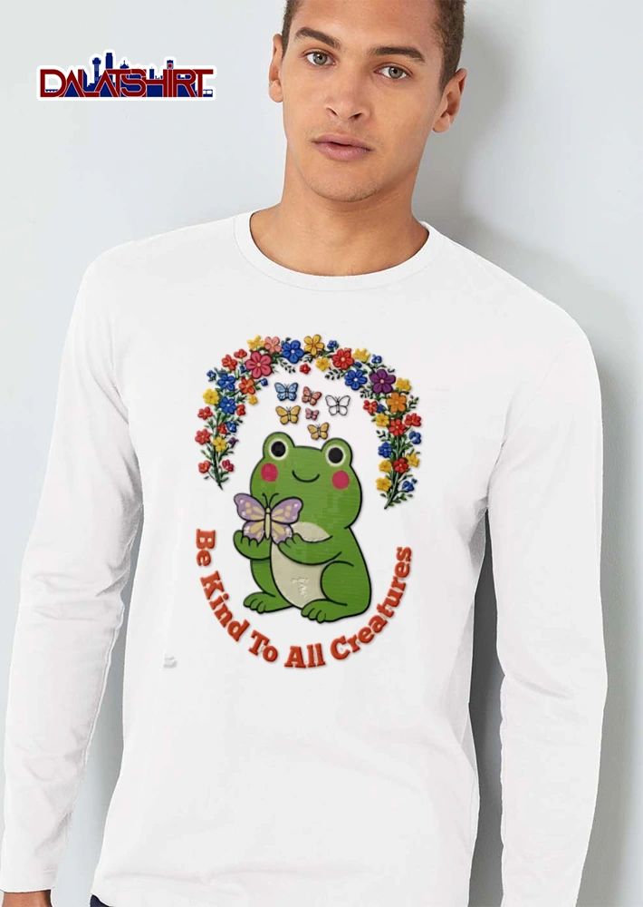 Be Kind To All Creatures green frog holding purple butterfly shirt