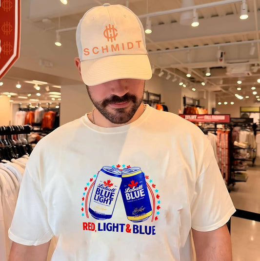 Labatt Blue Light Red Light and Blue shirt