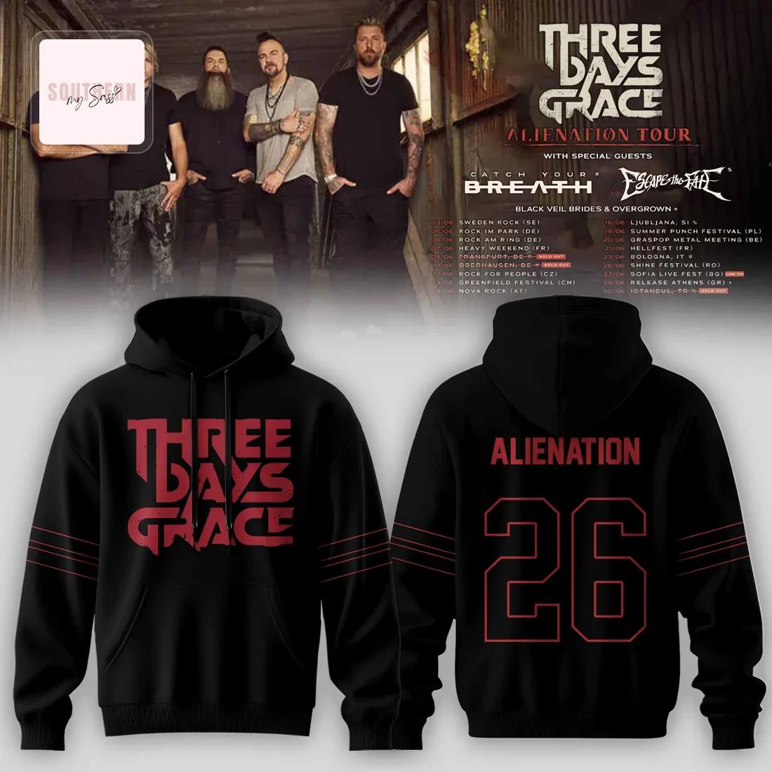 Three Days Grace Alienation Tour 2026 Official Concert Merchandise Black Graphic Hoodie