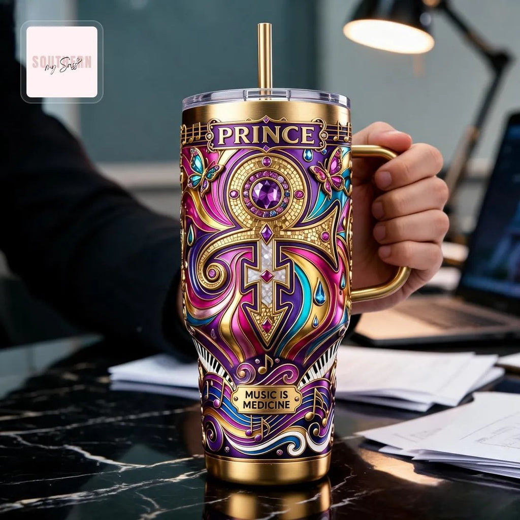 Prince Purple Rain Love Symbol Tribute Luxury Gold Ornate Stainless Steel 40oz Tumbler with Handle