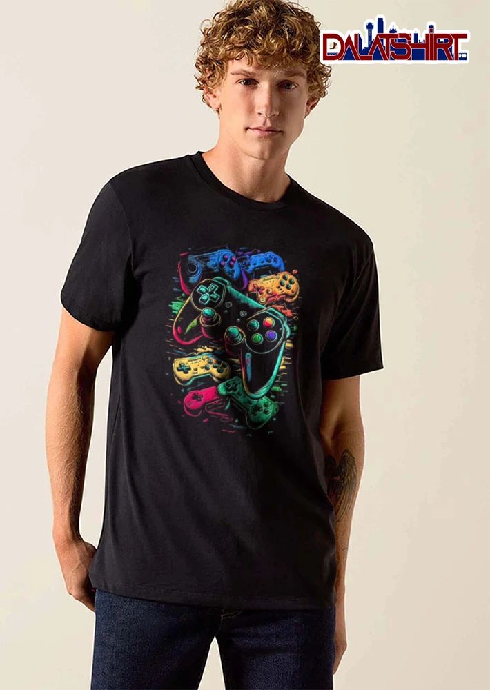 Multiple colorful video game controllers shirt