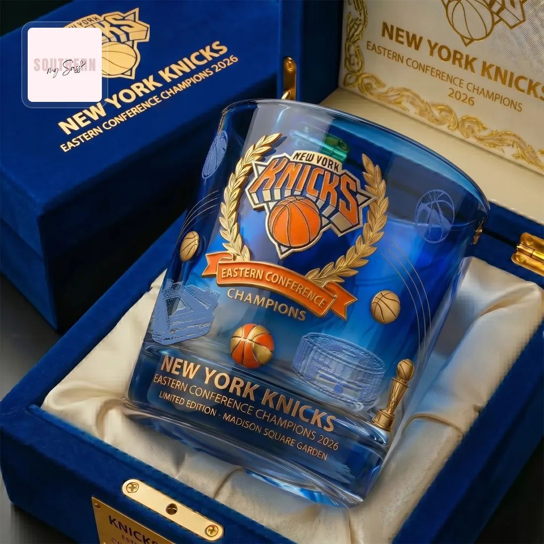 New York Knicks 2026 Eastern Conference Champions Commemorative Limited Edition Premium Blue Crystal Whiskey Glass