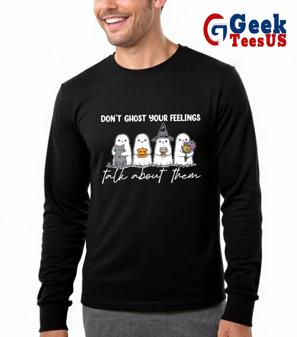 Ghosts Cat Pumpkin Coffee Flowers Don’t Ghost Your Feelings Talk about Them Halloween shirt