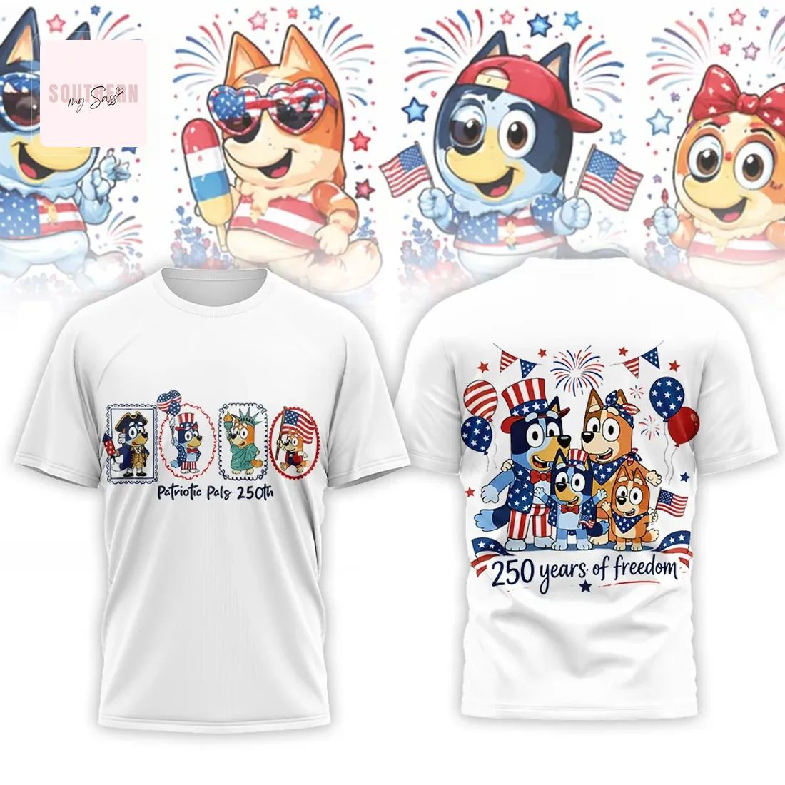 Bluey Patriotic Pals 250th Anniversary USA 4th of July Graphic 3D T-Shirt